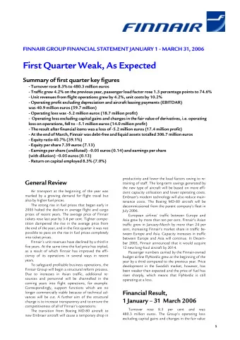 FINNAIR GROUP FINANCIAL STATEMENT JANUARY 1 - MARCH 31, 2006  First Quarter Weak, As Expected