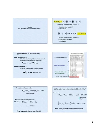 H-H  H +  H 430 kJ +  Breaking bond always requires E  Endothermic: heat = R  Topic 9.2  Heat