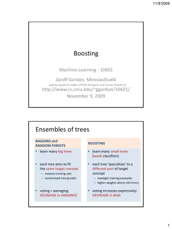 Boosting  Machine Learning - 10601  Geoff Gordon, MiroslavDudk  ([[[partly based on slides of Rob