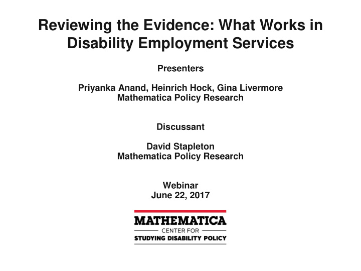 reviewing the evidence what works in disability