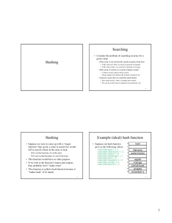 Searching   Consider the problem of searching an array for a  given value  Hashing   If the