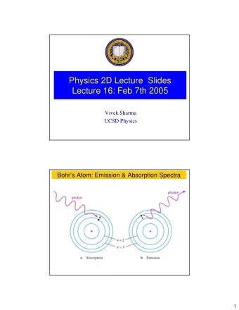 Physics 2D Lecture  Slides  Lecture 16: Feb 7th 2005  Vivek Sharma  UCSD Physics  Bohrs Atom: