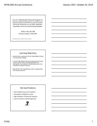 Learning Objectives  Identify the components of the Tidal Model utilized in this practice change