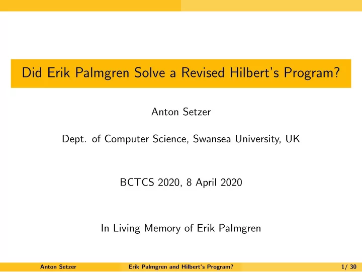 did erik palmgren solve a revised hilbert s program