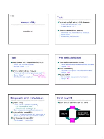 1  Corba Architecture  Functions of ORB  Communication between client and server  Object  Client