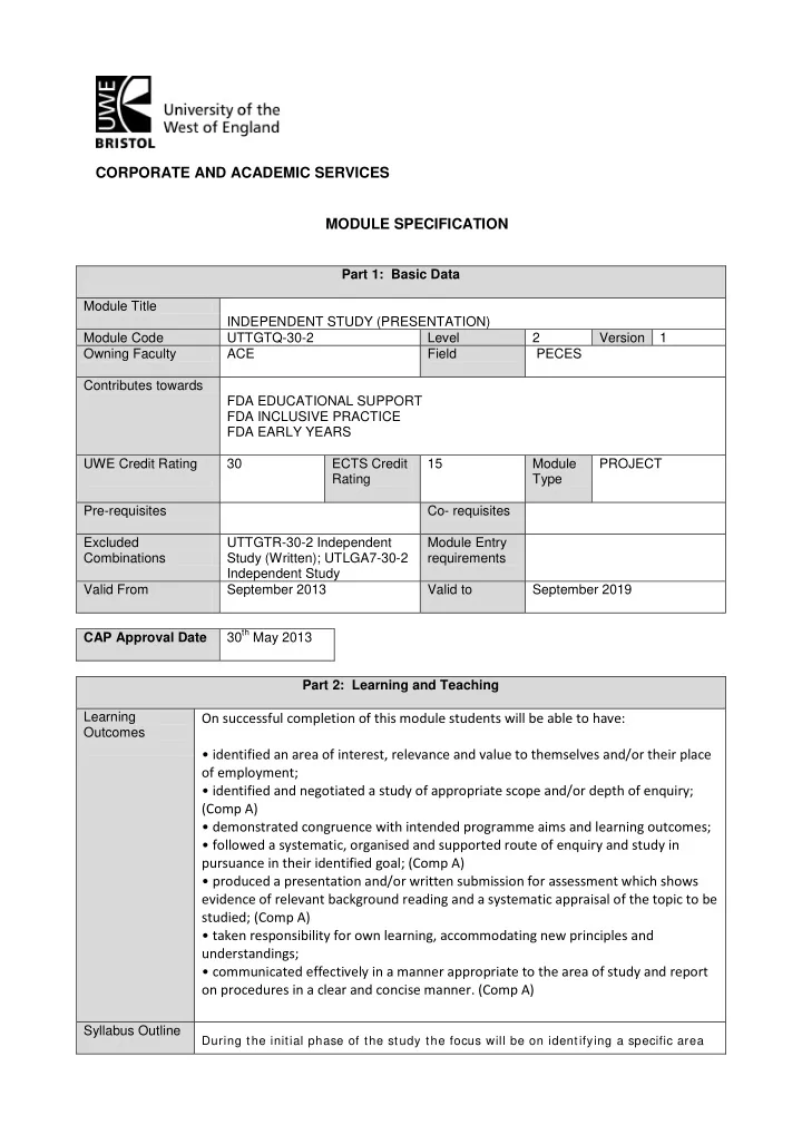 corporate and academic services module specification