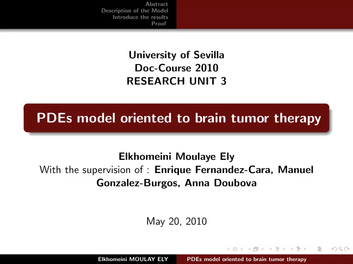 pdes model oriented to brain tumor therapy