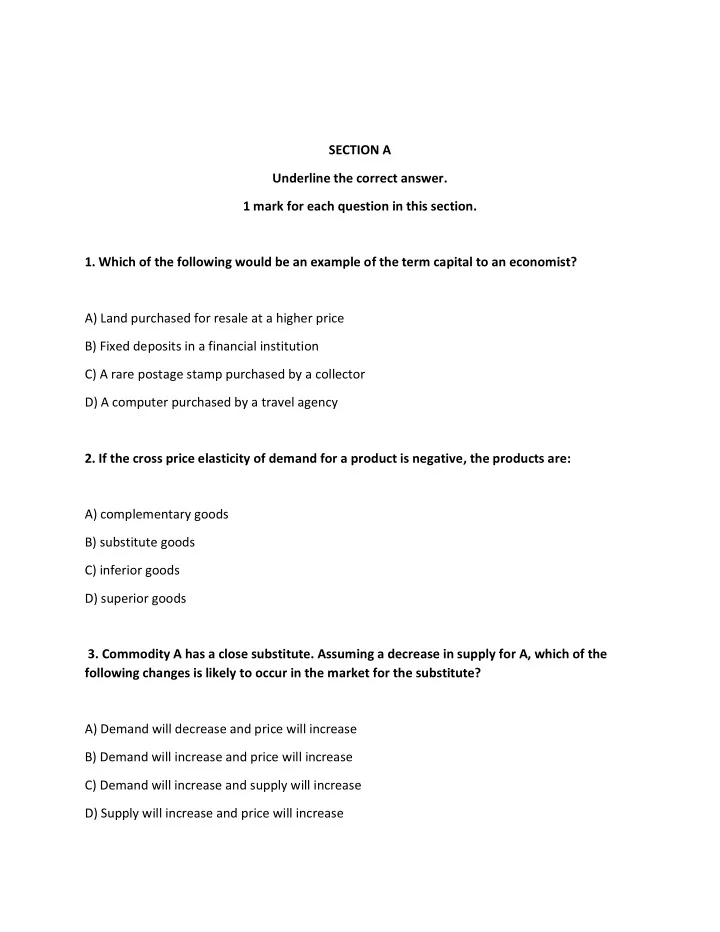 section a underline the correct answer 1 mark for each