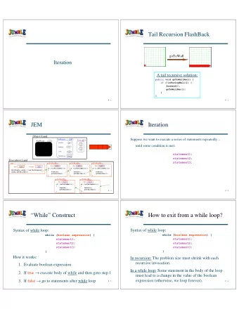 Tail Recursion FlashBack  goToWall  Iteration  A tail recursive solution:  public void