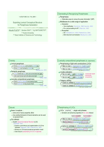 Generating &amp; Recognizing Paraphrases  Paraphrases  &lt; IJCNLP 2005, Oct. 11th, 2005 &gt;