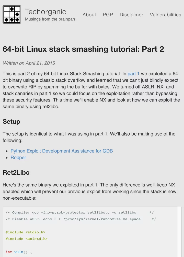 64 bit linux stack smashing tutorial part 2