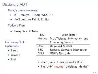 Dictionary ADT  Todays announcements:  MT1 tonight, 7-9:00p WOOD 2  HW2 out, due Feb 5,