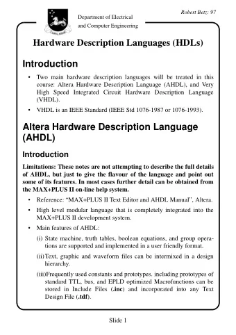Hardware Description Languages (HDLs)  Introduction    Two main hardware description languages