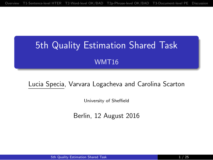 5th quality estimation shared task