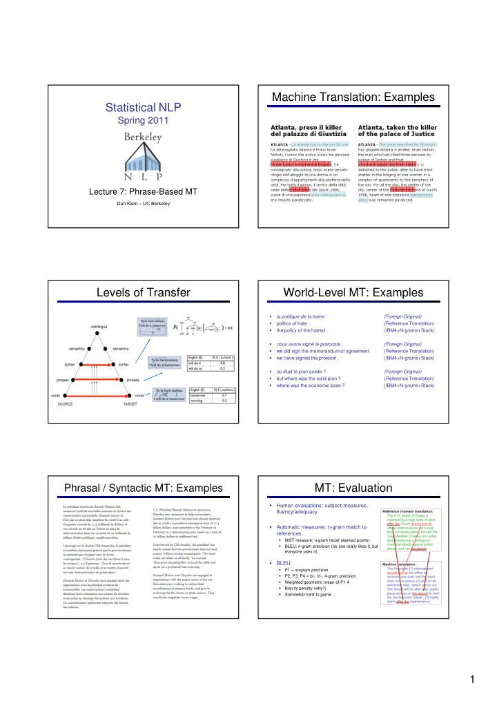 machine translation examples statistical nlp