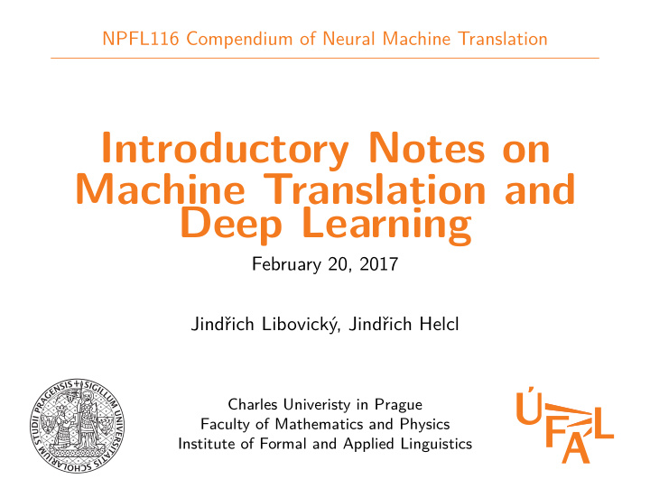 introductory notes on machine translation and deep