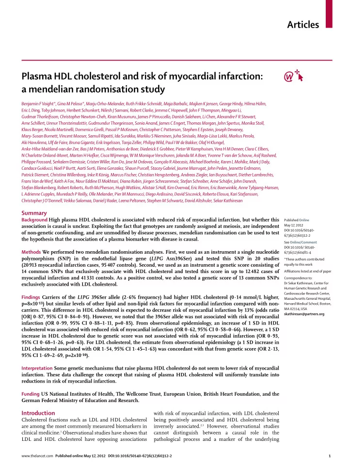 articles plasma hdl cholesterol and risk of myocardial