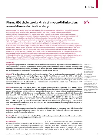 Articles  Plasma HDL cholesterol and risk of myocardial infarction:  a mendelian randomisation
