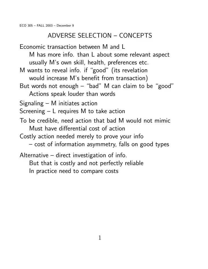 adverse selection concepts economic transaction between m