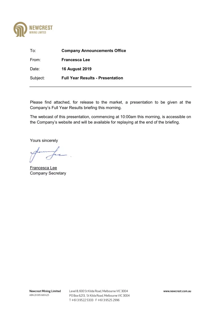 to company announcements office from francesca lee date
