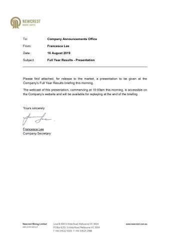 To:  Company Announcements Office  From:  Francesca Lee  Date: 16 August 2019  Subject:  Full Year