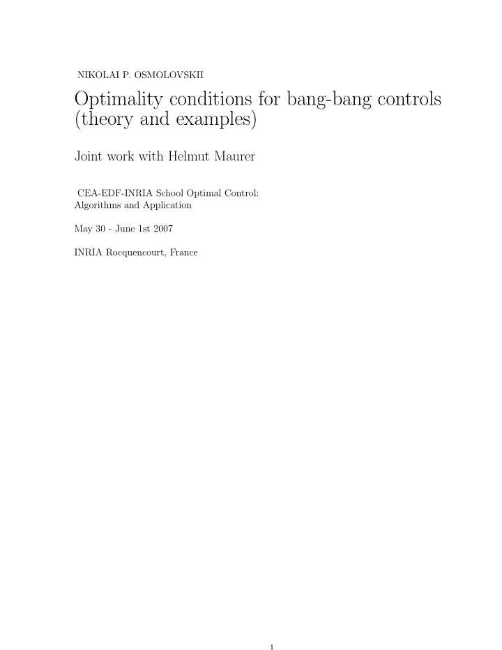 optimality conditions for bang bang controls theory and
