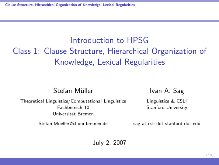 introduction to hpsg class 1 clause structure