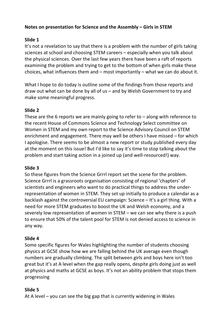notes on presentation for science and the assembly girls