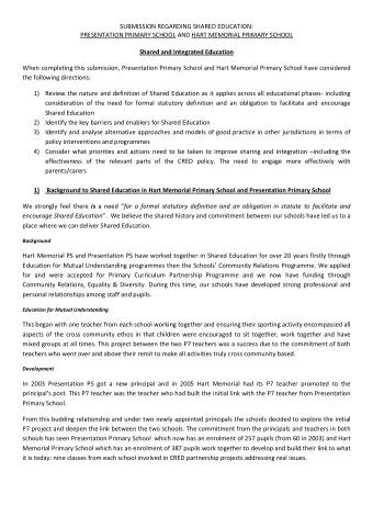 SUBMISSION REGARDING SHARED EDUCATION:  PRESENTATION PRIMARY SCHOOL AND HART MEMORIAL PRIMARY