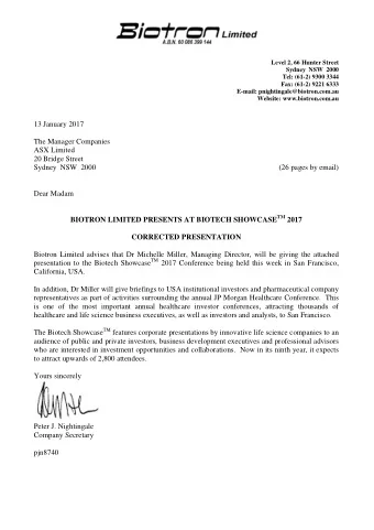 13 January 2017  The Manager Companies  ASX Limited  20 Bridge Street  Sydney  NSW  2000  (26 pages