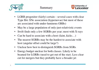 Summary   LGRB progenitor (fairly) certain  several cases with clear  Type Ib/c SNe