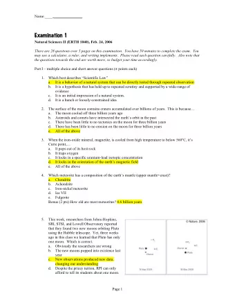 Examination 1  Natural Sciences II (ERTH 1040), Feb. 24, 2006  There are 28 questions over 5 pages