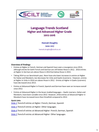 Slide 4 Trend of entries at Advanced Higher: French, German, Spanish  Slide 5 Trend of entries at