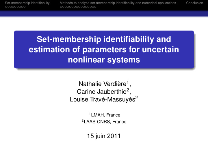 set membership identifiability and estimation of
