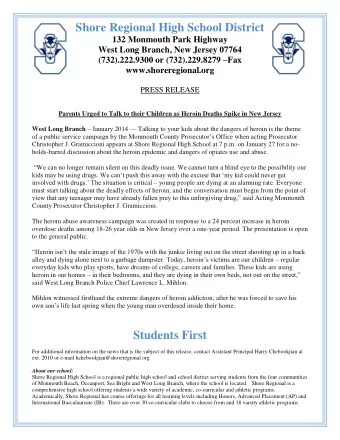 Shore Regional High School District  132 Monmouth Park Highway  West Long Branch, New Jersey 07764