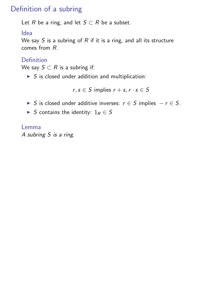 definition of a subring