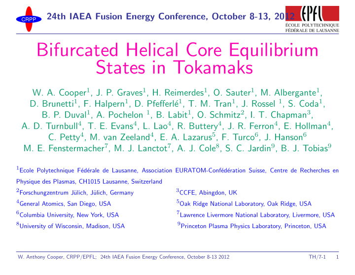 bifurcated helical core equilibrium states in tokamaks