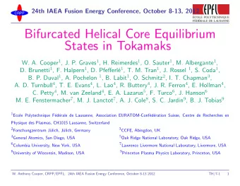 Bifurcated Helical Core Equilibrium  States in Tokamaks W. A. Cooper 1 , J. P. Graves 1 , H.
