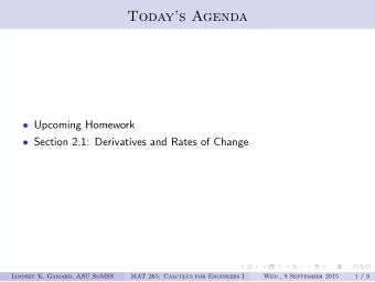 Todays Agenda  Upcoming Homework  Section 2.1: Derivatives and Rates of Change  Lindsey K.