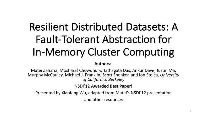re resilient distributed datasets a fa fault to tolerant
