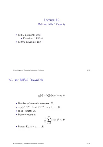 Lecture 12  Multiuser MIMO Capacity  MISO downlink: 10.3  Precoding: 10.3.34  MIMO