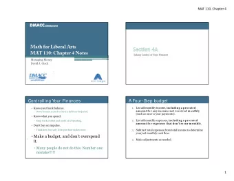 Math for Liberal Arts  MAT 110: Chapter 4 Notes  Taking Control of Your Finances  Managing Money