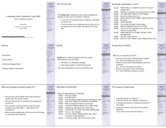 The Turing Test  Language and  Example conversation (cont.)  Language and  Computers  Computers