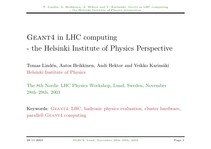 geant4 in lhc computing the helsinki institute of physics