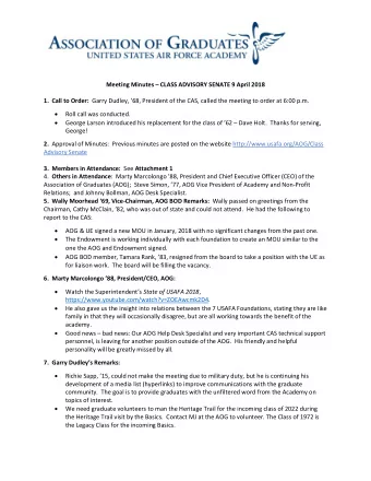 Meeting Minutes  CLASS ADVISORY SENATE 9 April 2018 1.  Call to Order: Garry Dudley, 68,