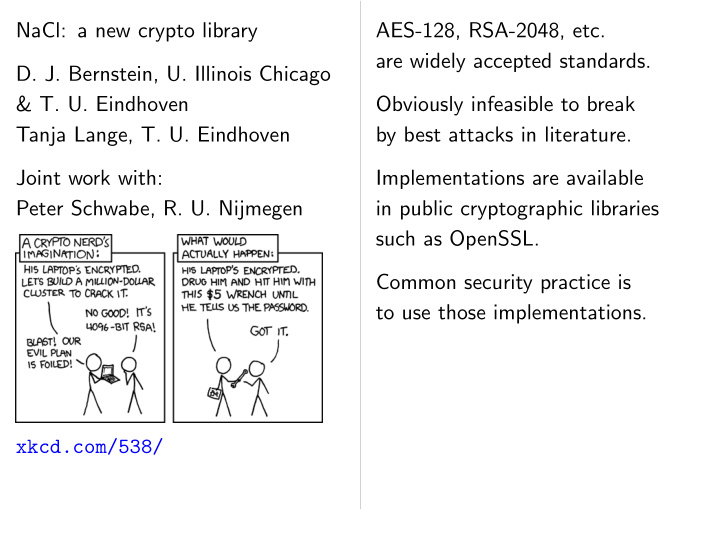 nacl a new crypto library aes 128 rsa 2048 etc are widely