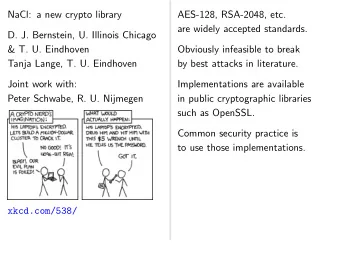 NaCl: a new crypto library  AES-128, RSA-2048, etc.  are widely accepted standards.  D. J.