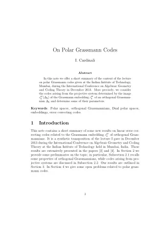On Polar Grassmann Codes  I. Cardinali  Abstract  In this note we offer a short summary of the