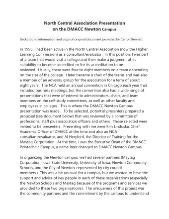 North Central Association Presentation on the DMACC Newton Campus  Background information and copy