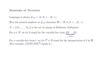 Reminder of Notation Language is always L NT = (0 , S, + ,  , E, &lt; ). N is the natural numbers